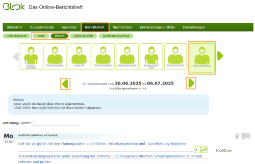 Ausbilder - Heute- und Wochenansicht im Berichtsheft_de.png