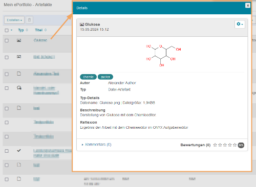 ePortfolio - Artefakt Tabellenansicht Detailinformationen