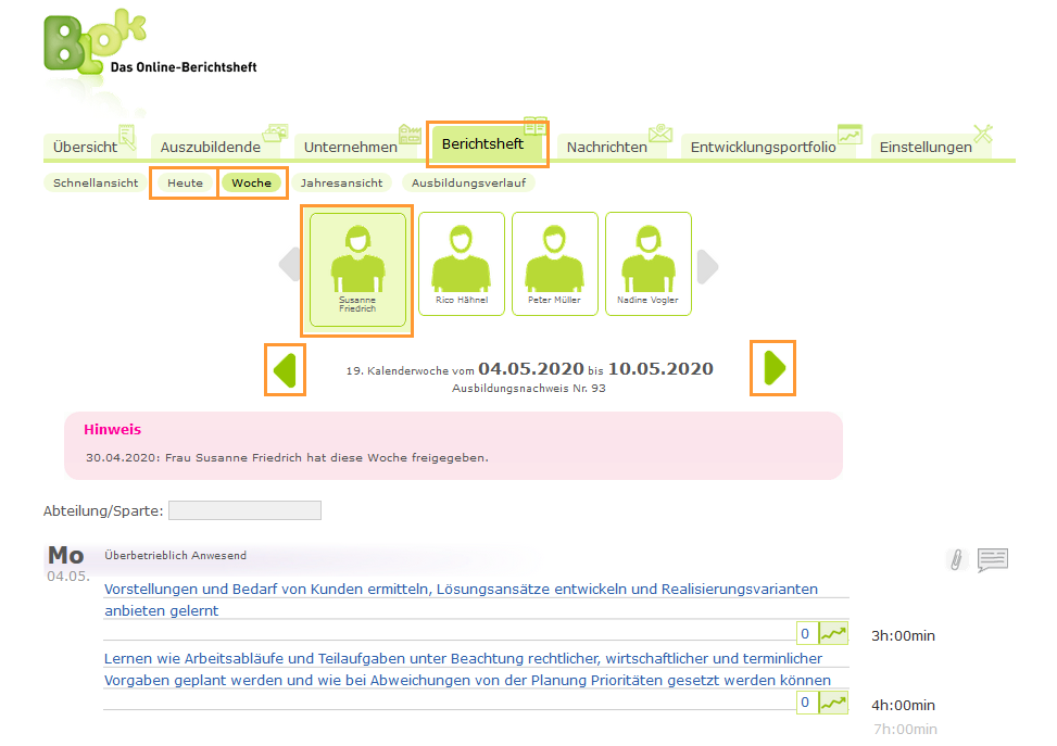 Externe Ausbilder - Heute- und Wochenansicht im Berichtsheft_de.png