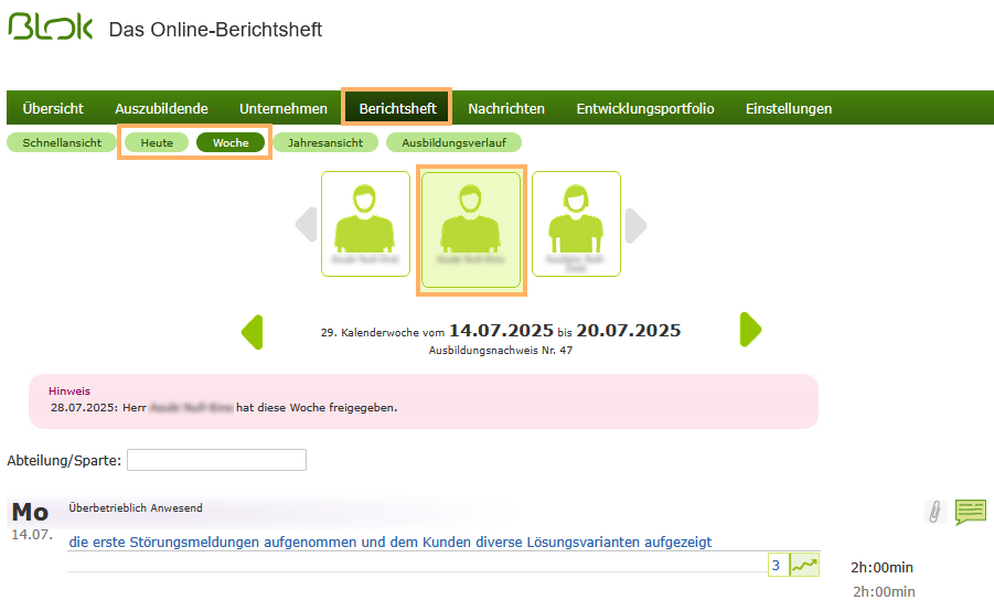 Externe Ausbilder - Heute- und Wochenansicht im Berichtsheft_de.png