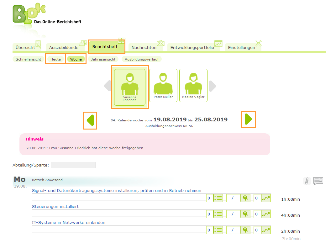 Ausbilder - Heute- und Wochenansicht im Berichtsheft_de.png