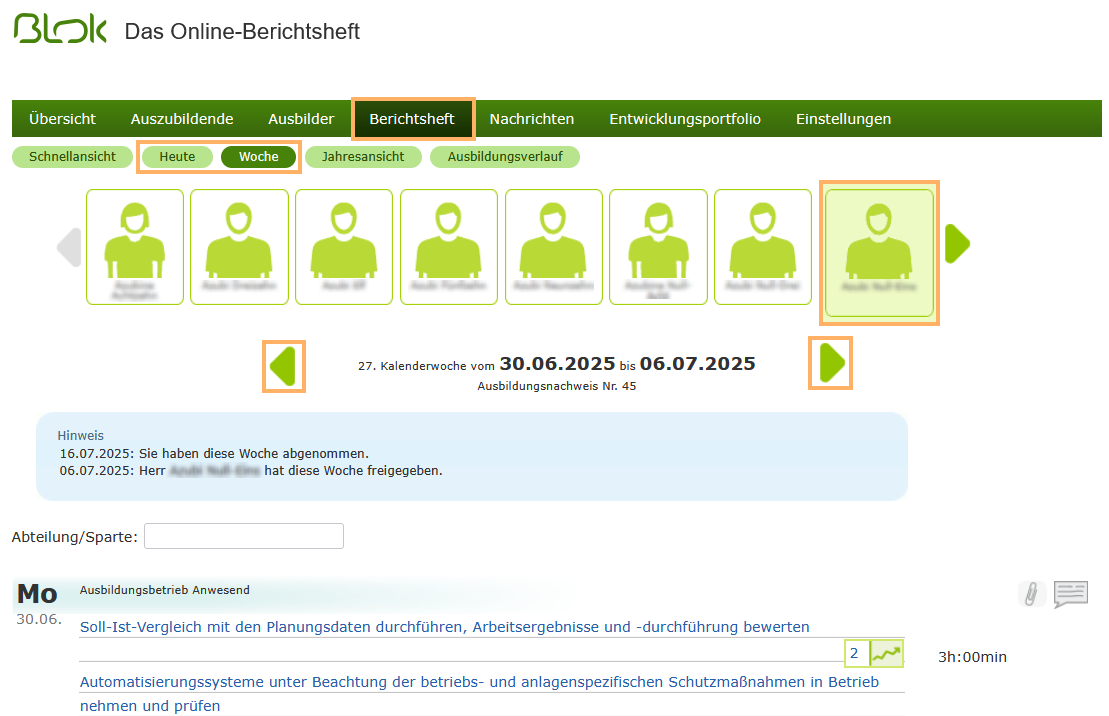 Ausbilder - Heute- und Wochenansicht im Berichtsheft_de.png