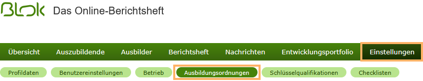 Navigationsleiste Ausbildungsleiter - Einstellungen Ausbildungsordnungen_de.png