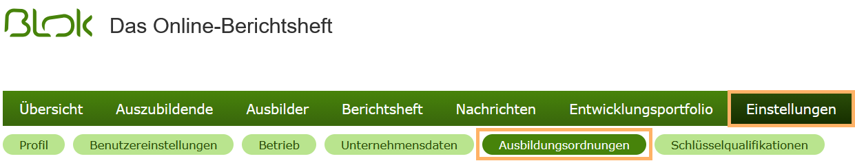 Navigationsleiste Ausbildungsleiter - Einstellungen Ausbildungsordnungen_de.png
