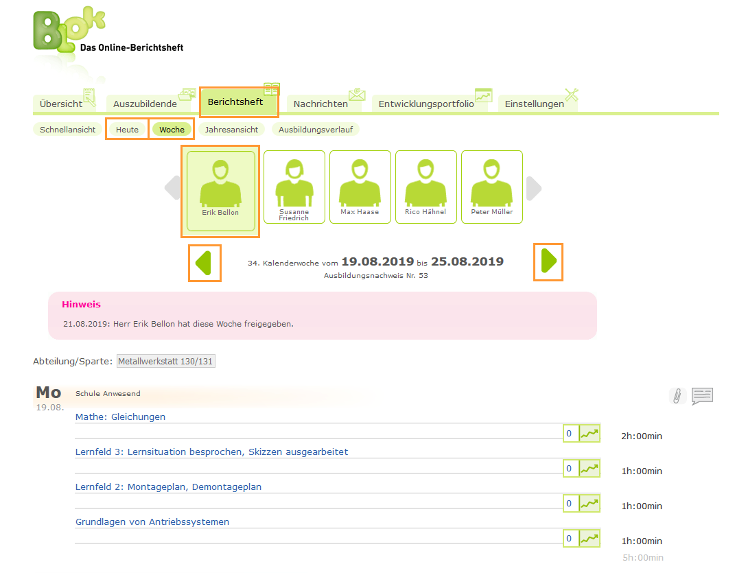 Berufsschullehrer - Heute- und Wochenansicht im Berichtsheft_de.png