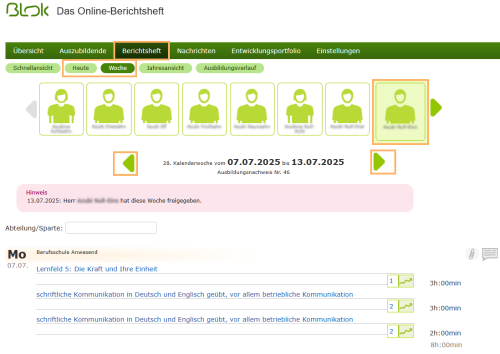 Berufsschullehrer - Heute- und Wochenansicht im Berichtsheft_de.png
