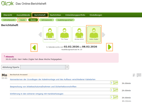 Berufsschullehrer - Heute- und Wochenansicht im Berichtsheft_de.png