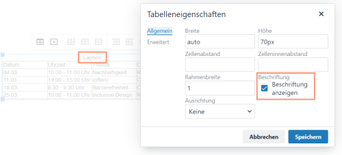 Beschriftung für Tabellen aktivieren im Dialog Tabelleneigenschaften im Texteditor (Screenshot)