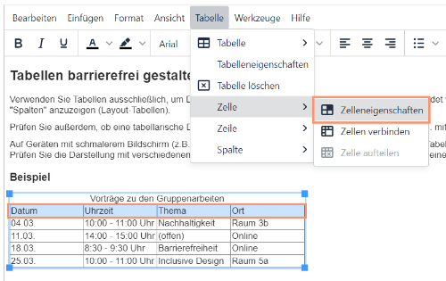 Screenshot einer Seite mit einer Tabelle im Texteditor Tiny MCE. Die Kopfzeilen der Tabelle sind markiert und der Weg zu den Zelleneigenschaften ist hervorgehoben.