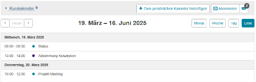 Aktuelle Termine der Woche dargestellt in der Listenansicht im Kurskalender (Screenshot)